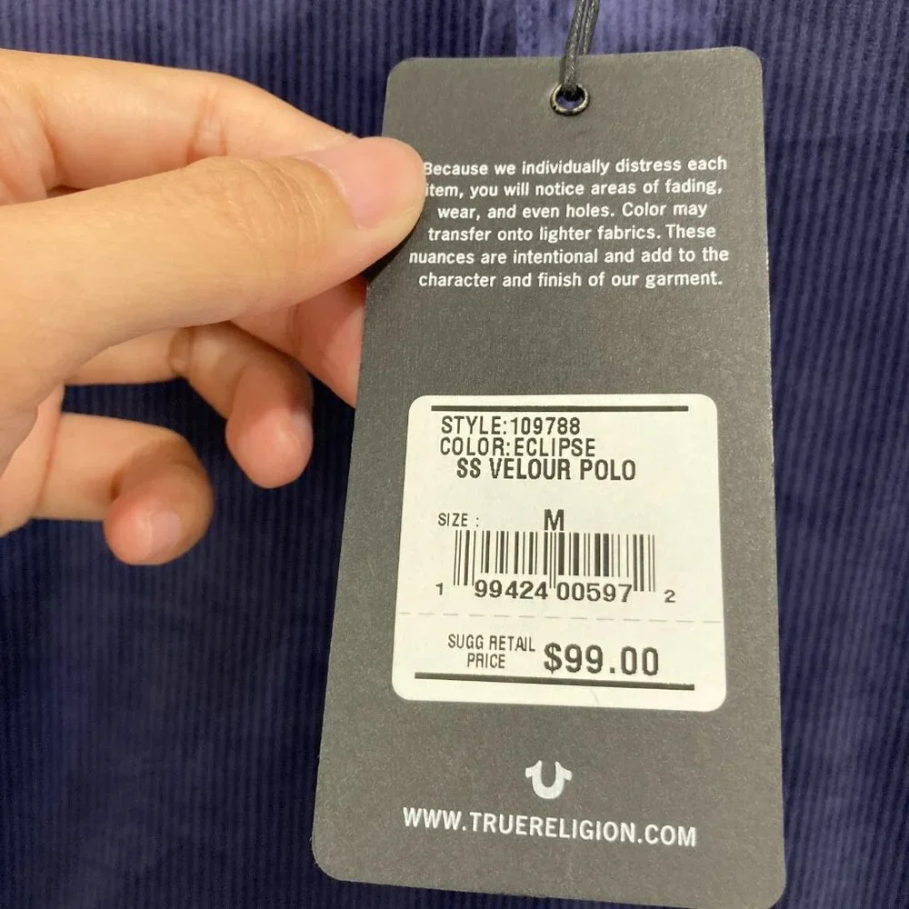 New True Religion Men's Velvet Velour Polo Shirt Medium‎ Eclipse Navy Blue